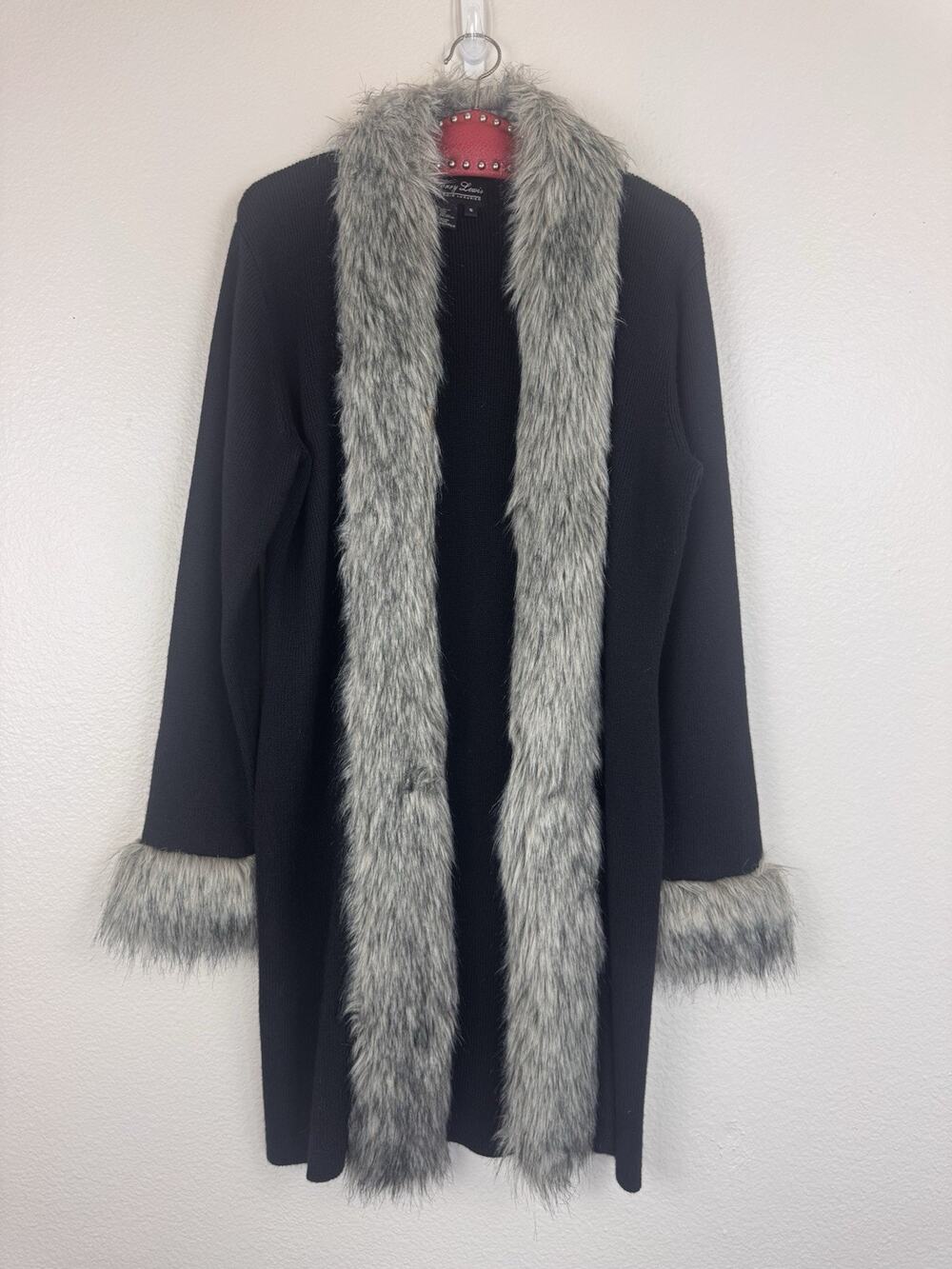 Vintage Terry Lewis Faux Fur Trim Wool Blend Penny Lane Cardigan Black Tan Small